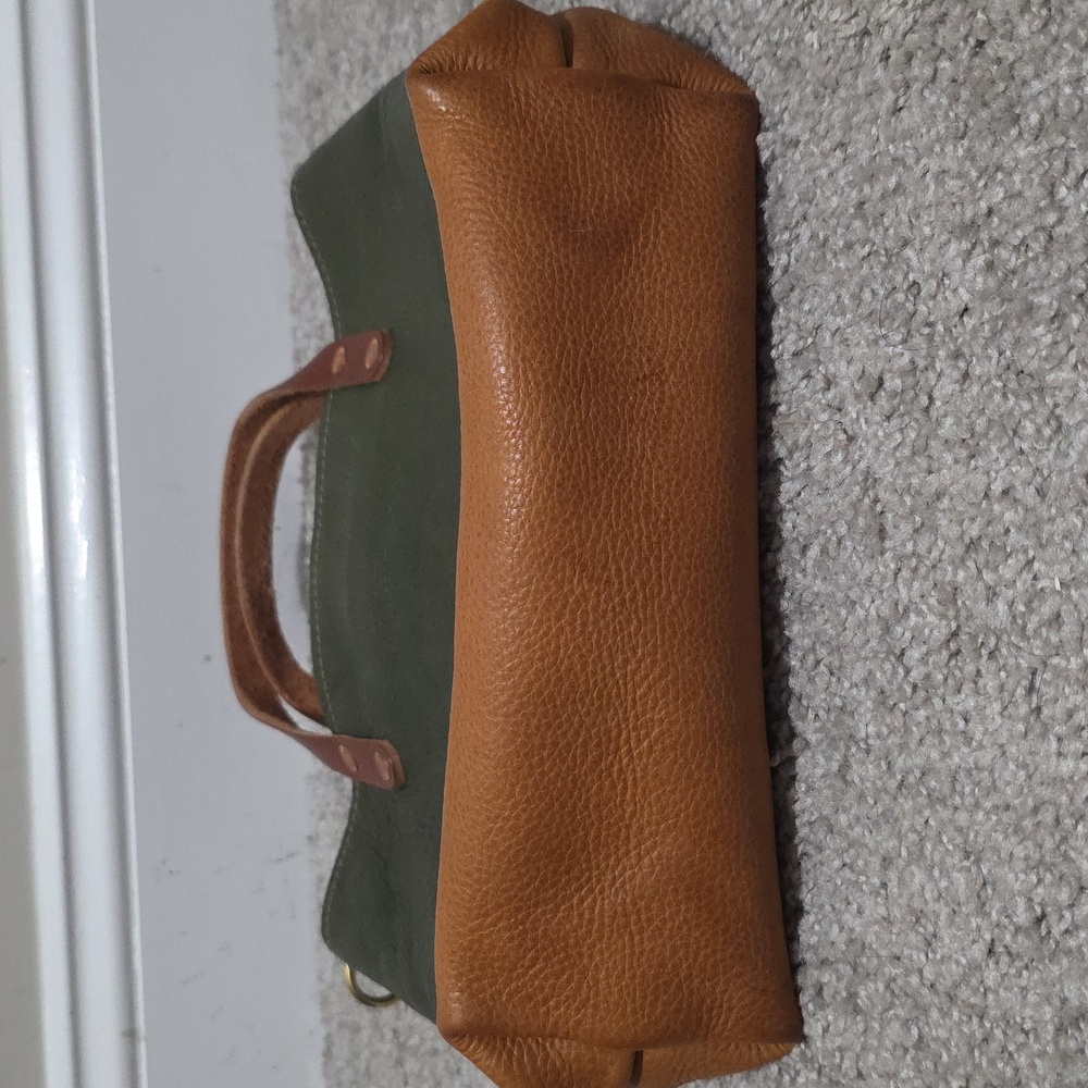 KMM & Co Leather Italian Green and Tan Mini Panel Tote Colorblock - Picture 7 of 10